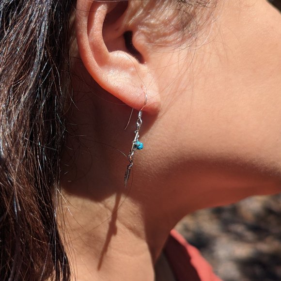 Navajo Mini Dreamcatcher Leaf Dangle Earrings Turquoise Native Am Jewelry*** - Picture 6 of 9